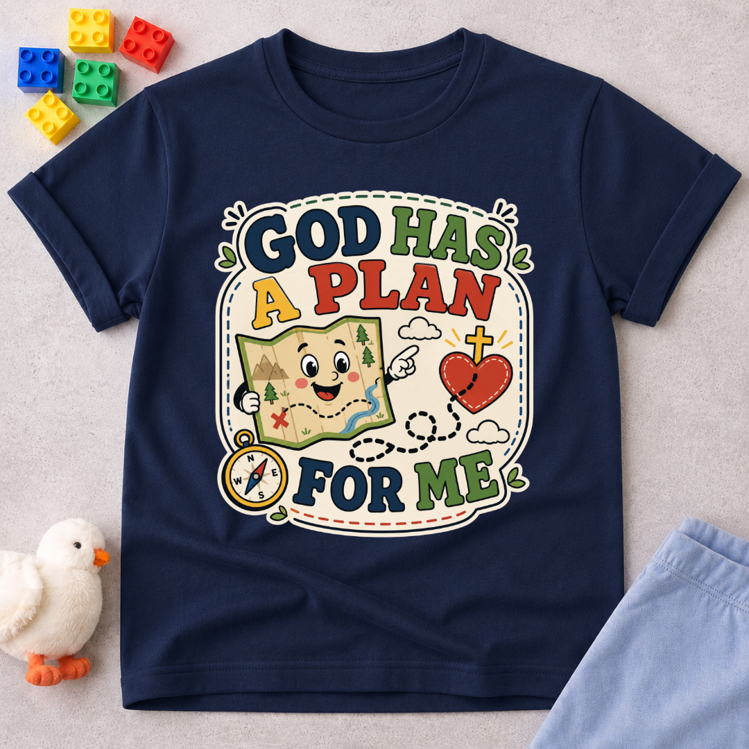 God Has a Plan for Me Christian kids shirt in navy featuring cheerful faith-inspired illustrations
