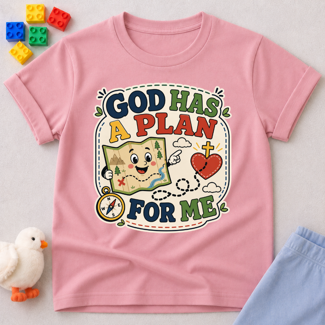 God Has a Plan for Me Christian kids shirt in pink featuring cheerful faith-inspired illustrations
