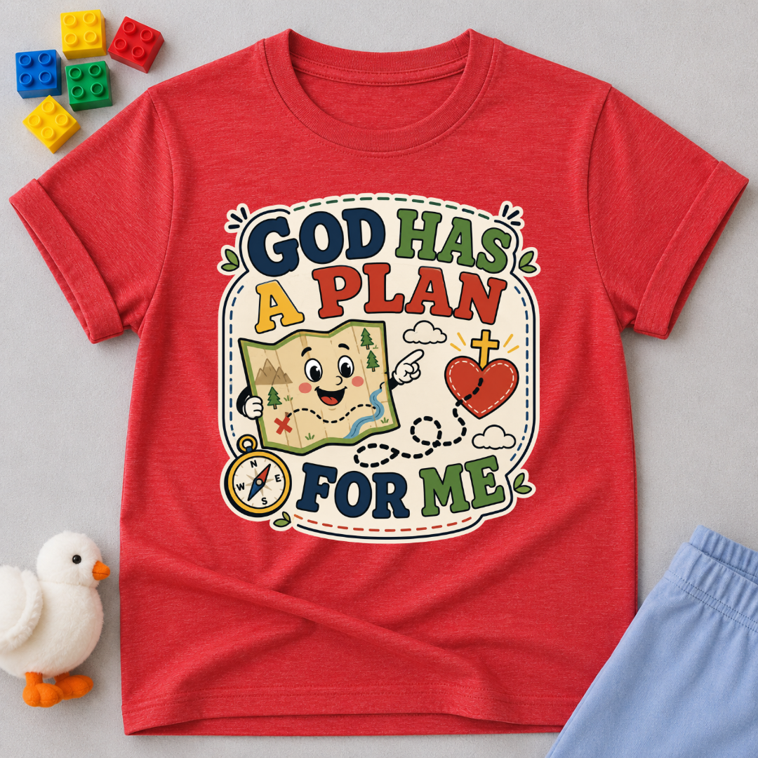 God Has a Plan for Me Christian kids shirt in red featuring cheerful faith-inspired illustrations
