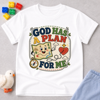 God Has a Plan for Me Christian kids shirt in white featuring cheerful faith-inspired illustrations
