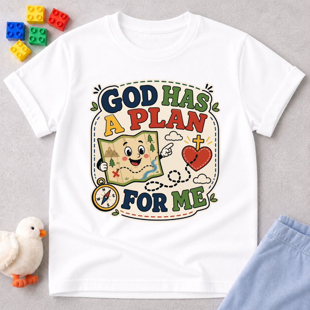 God Has a Plan for Me Christian kids shirt in white featuring cheerful faith-inspired illustrations
