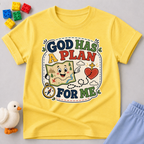 God Has a Plan for Me Christian kids shirt in yellow featuring cheerful faith-inspired illustrations

