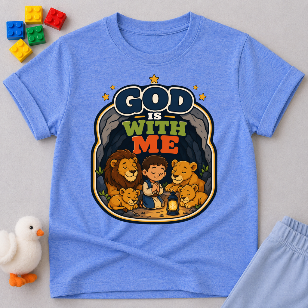 God Is With Me Always Christian kids shirt in blue featuring a loving family surrounded by God's presence
