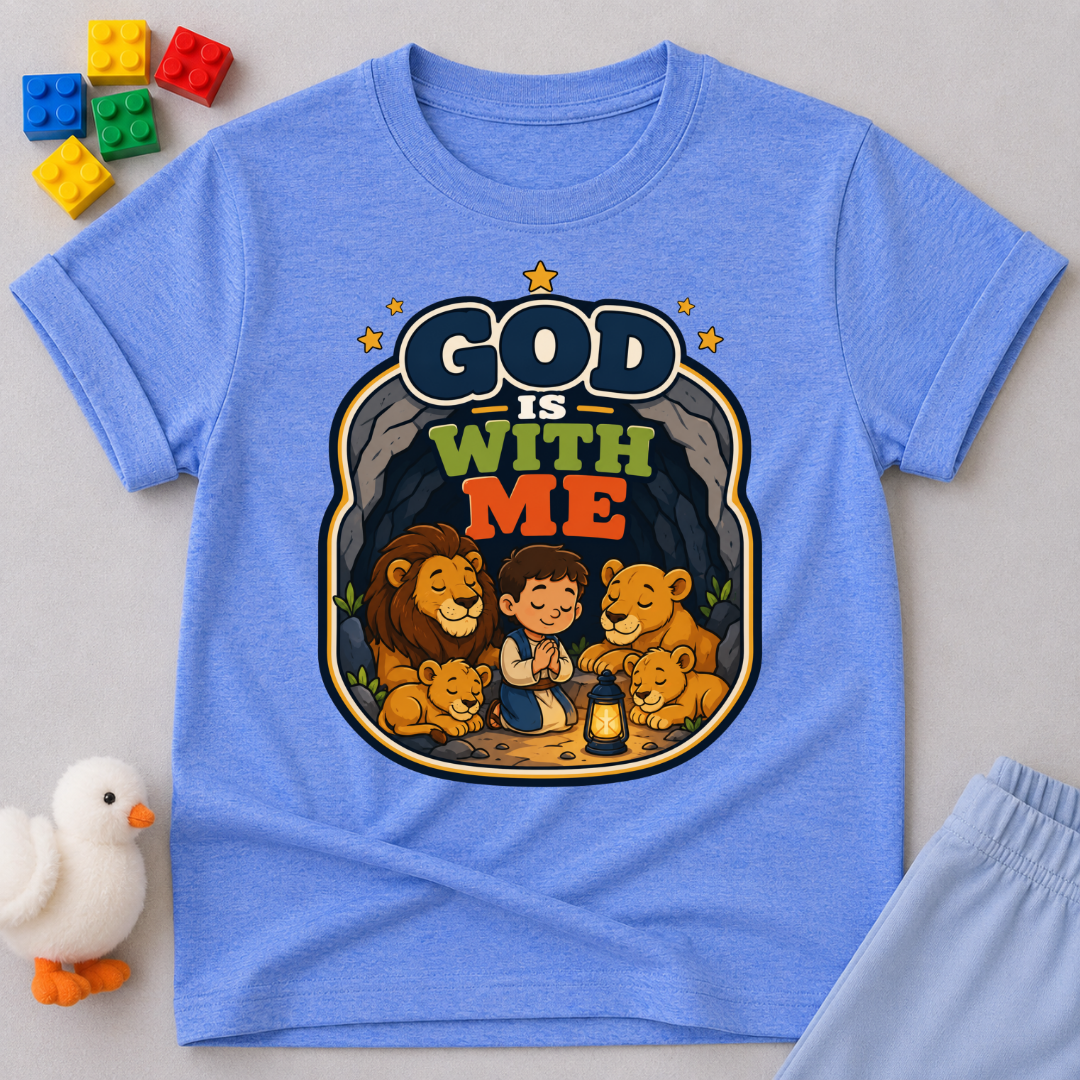 God Is With Me Always Christian kids shirt in blue featuring a loving family surrounded by God's presence
