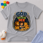 God Is With Me Always Christian kids shirt in gray featuring a loving family surrounded by God's presence
