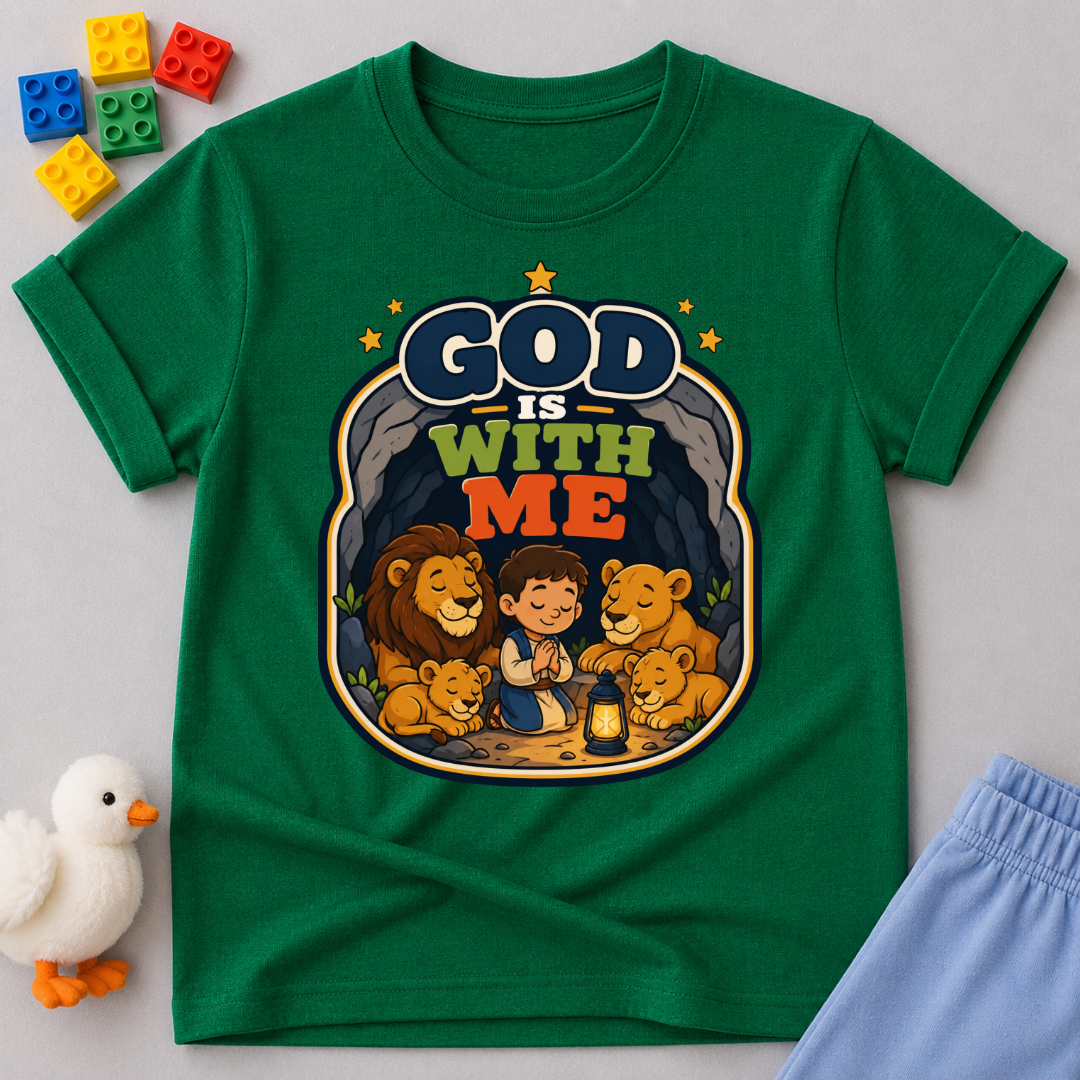 God Is With Me Always Christian kids shirt in green featuring a loving family surrounded by God's presence

