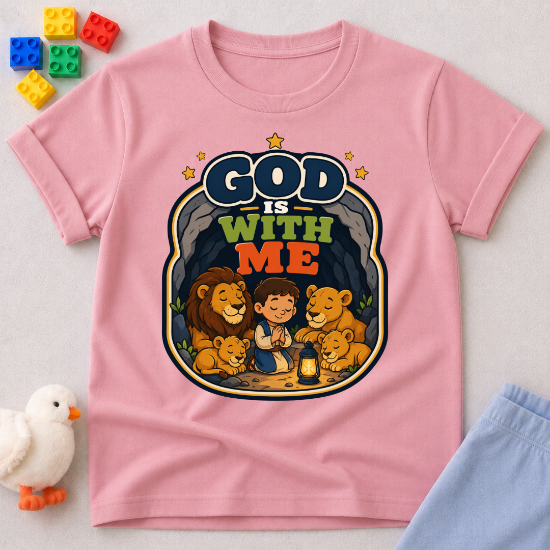 God Is With Me Always Christian kids shirt in pink featuring a loving family surrounded by God's presence
