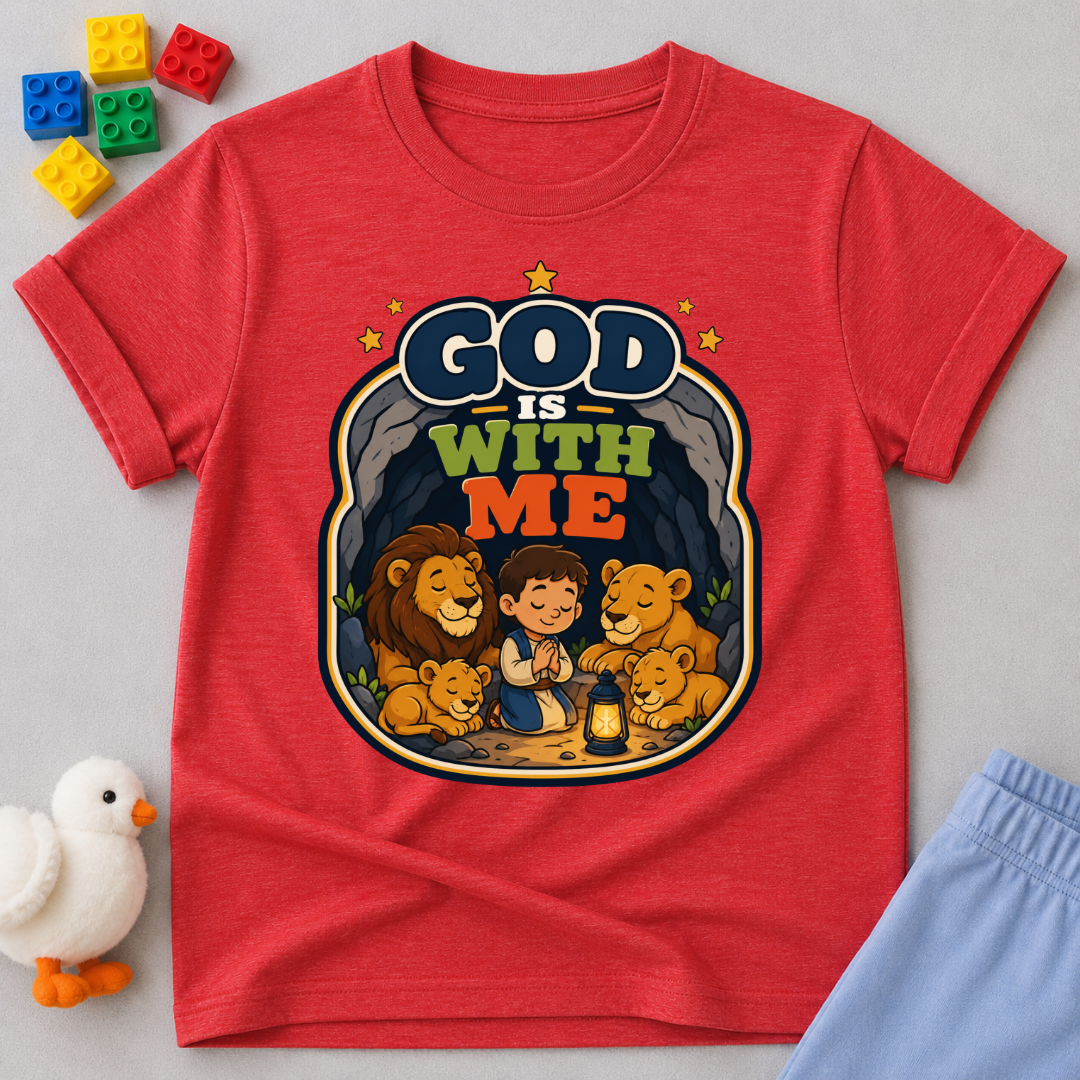 God Is With Me Always Christian kids shirt in red featuring a loving family surrounded by God's presence
