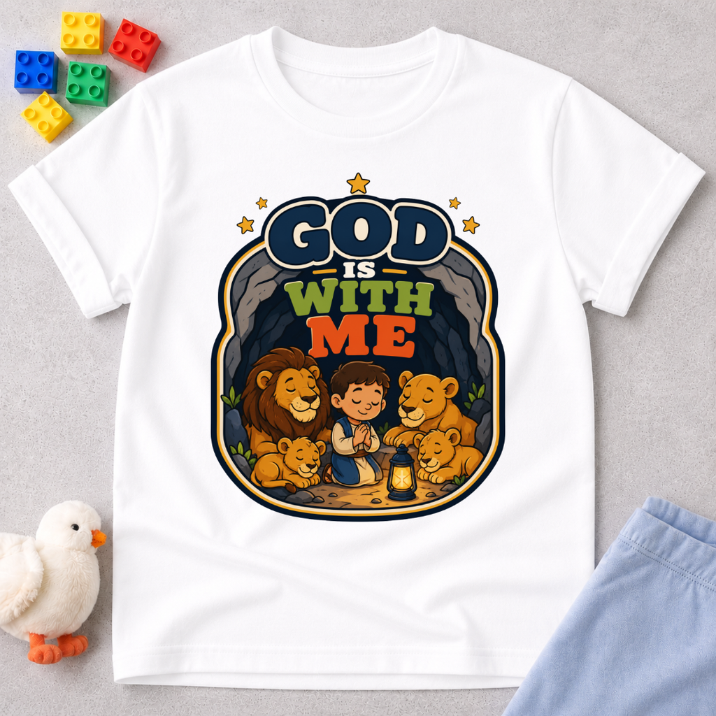 God Is With Me Always Christian kids shirt in white featuring a loving family surrounded by God's presence
