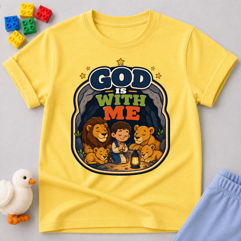 God Is With Me Always Christian kids shirt in yellow featuring a loving family surrounded by God's presence
