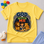 God Is With Me Always Christian kids shirt in yellow featuring a loving family surrounded by God's presence
