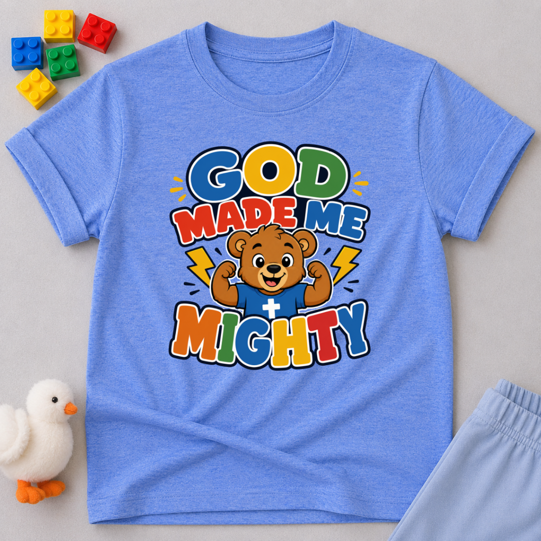 God Made Me Mighty Bear Christian kids shirt in blue featuring a cheerful bear and encouraging faith message

