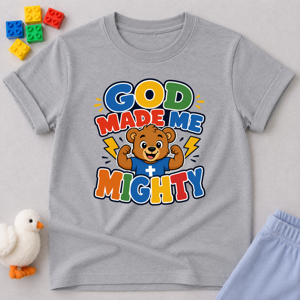 God Made Me Mighty Bear Christian kids shirt in gray featuring a cheerful bear and encouraging faith message

