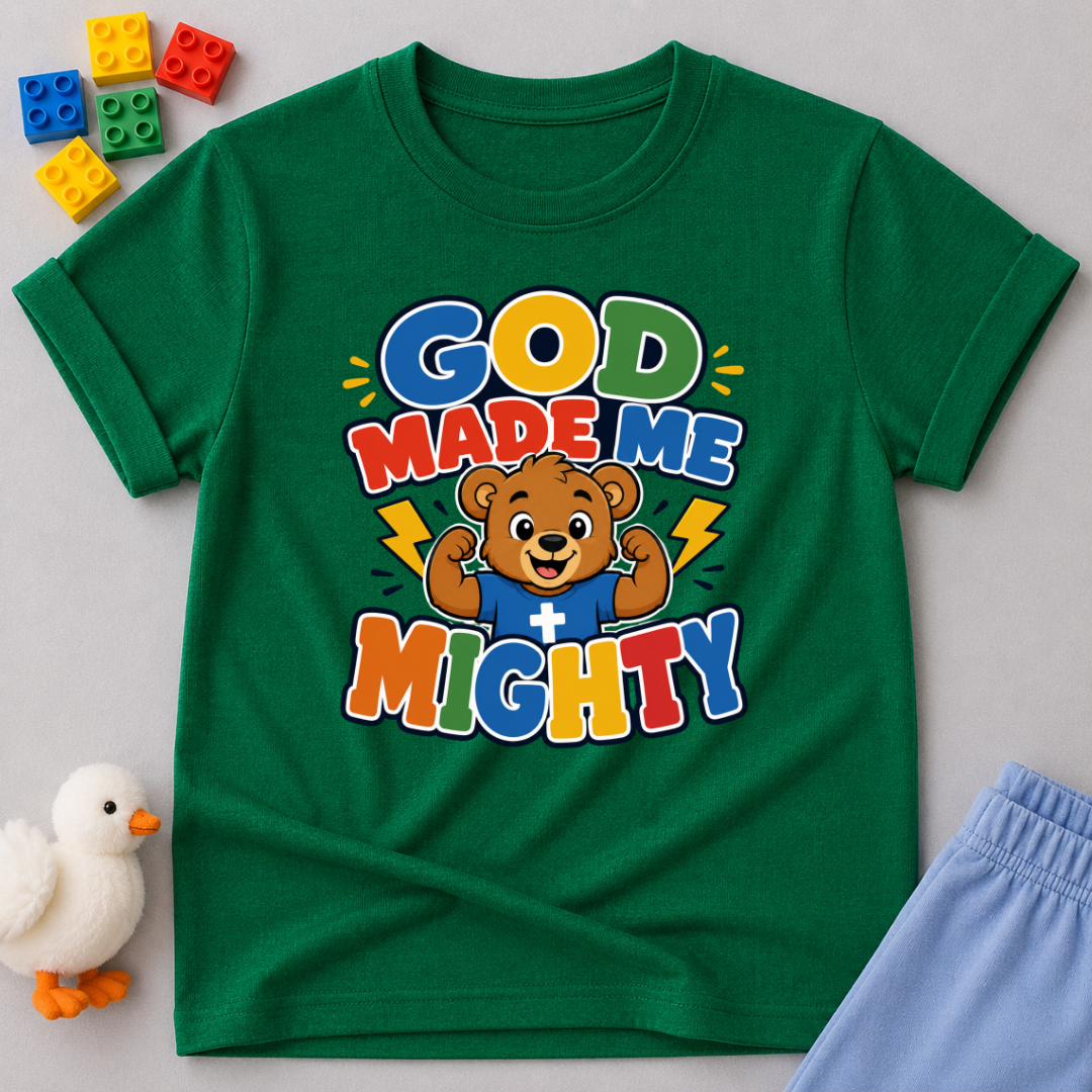 God Made Me Mighty Bear Christian kids shirt in green featuring a cheerful bear and encouraging faith message
