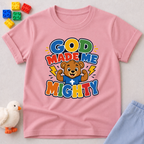 God Made Me Mighty Bear Christian kids shirt in pink featuring a cheerful bear and encouraging faith message
