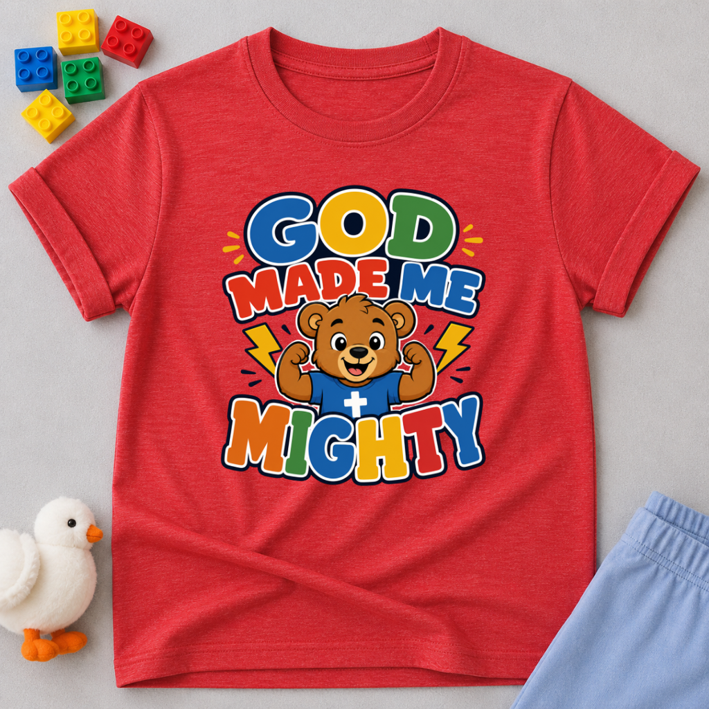 God Made Me Mighty Bear Christian kids shirt in red featuring a cheerful bear and encouraging faith message
