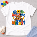 God Made Me Mighty Bear Christian kids shirt in white featuring a cheerful bear and encouraging faith message
