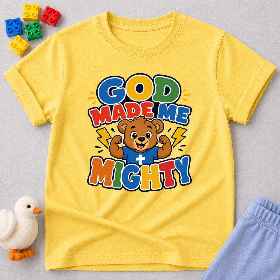 God Made Me Mighty Bear Christian kids shirt in yellow featuring a cheerful bear and encouraging faith message
