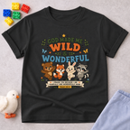 God Made Me Wild Wonderful Christian kids shirt in black featuring cute animals and encouraging faith message