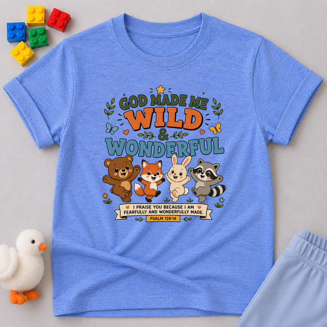 God Made Me Wild Wonderful Christian kids shirt in blue featuring cute animals and encouraging faith message