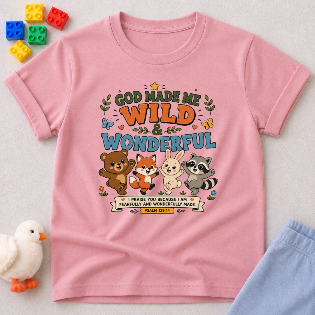 God Made Me Wild Wonderful Christian kids shirt in pink featuring cute animals and encouraging faith message