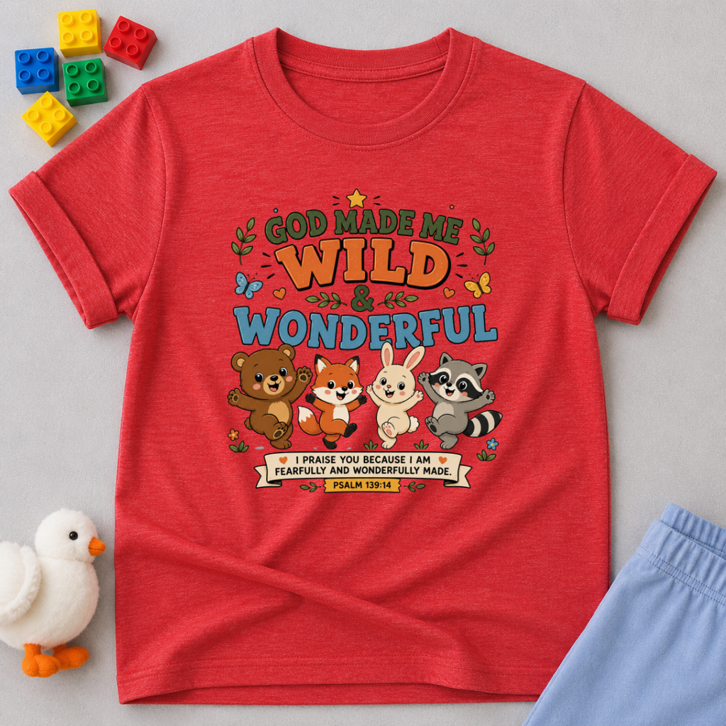 God Made Me Wild Wonderful Christian kids shirt in red featuring cute animals and encouraging faith message