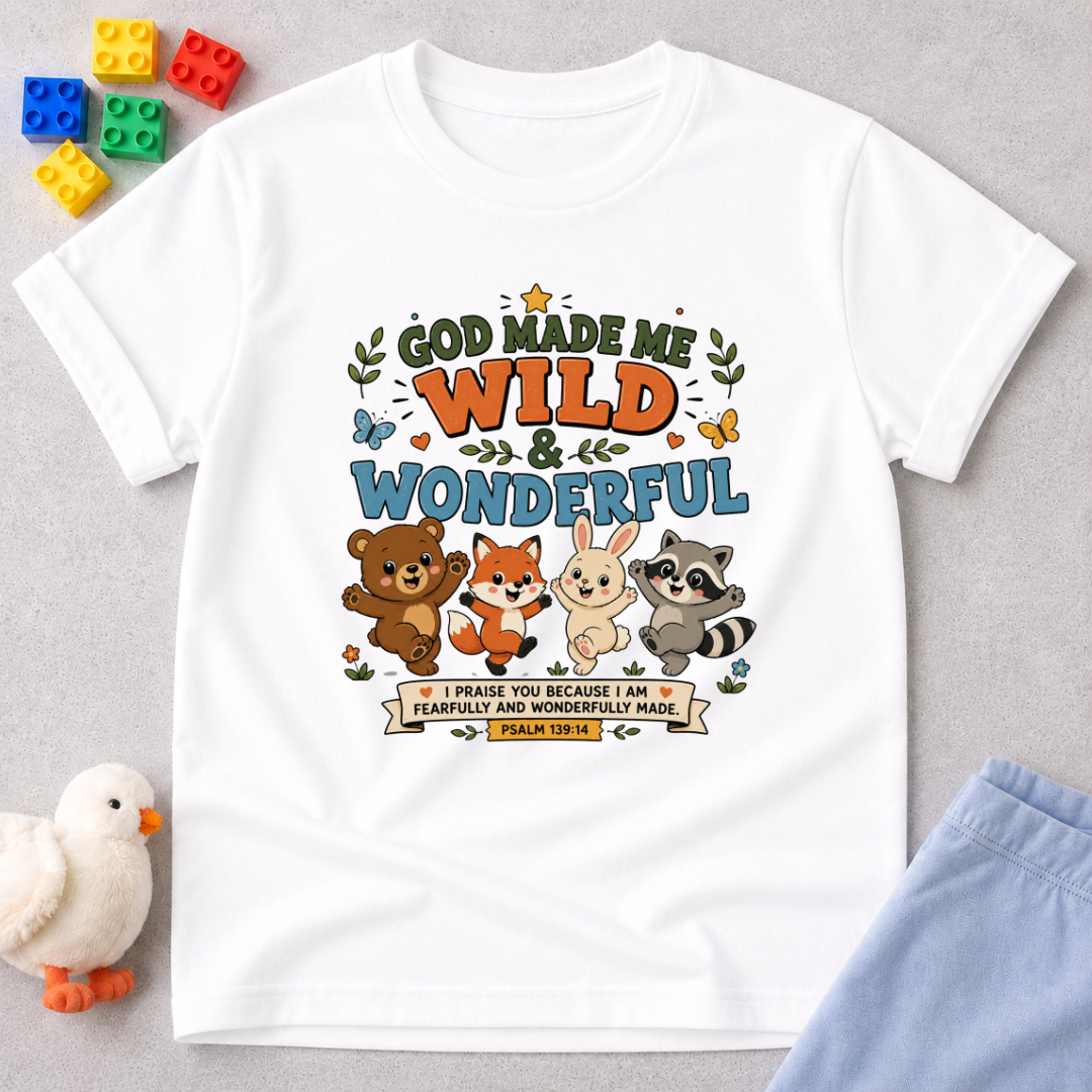 God Made Me Wild Wonderful Christian kids shirt in white featuring cute animals and encouraging faith message