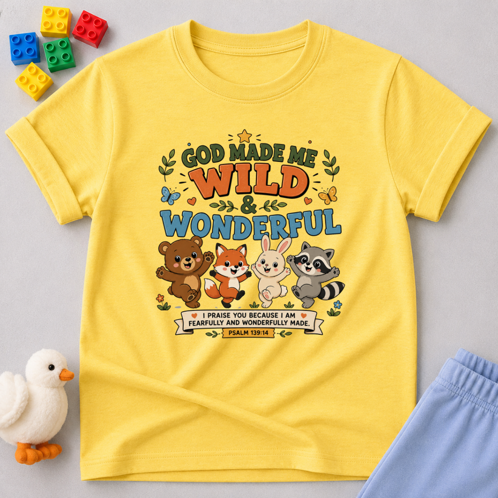 God Made Me Wild Wonderful Christian kids shirt in yellow featuring cute animals and encouraging faith message
