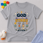 God Made The Stars Christian kids shirt in Gray featuring stars planets and creation-themed educational artwork