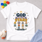 God Made The Stars Christian kids shirt in White featuring stars planets and creation-themed educational artwork