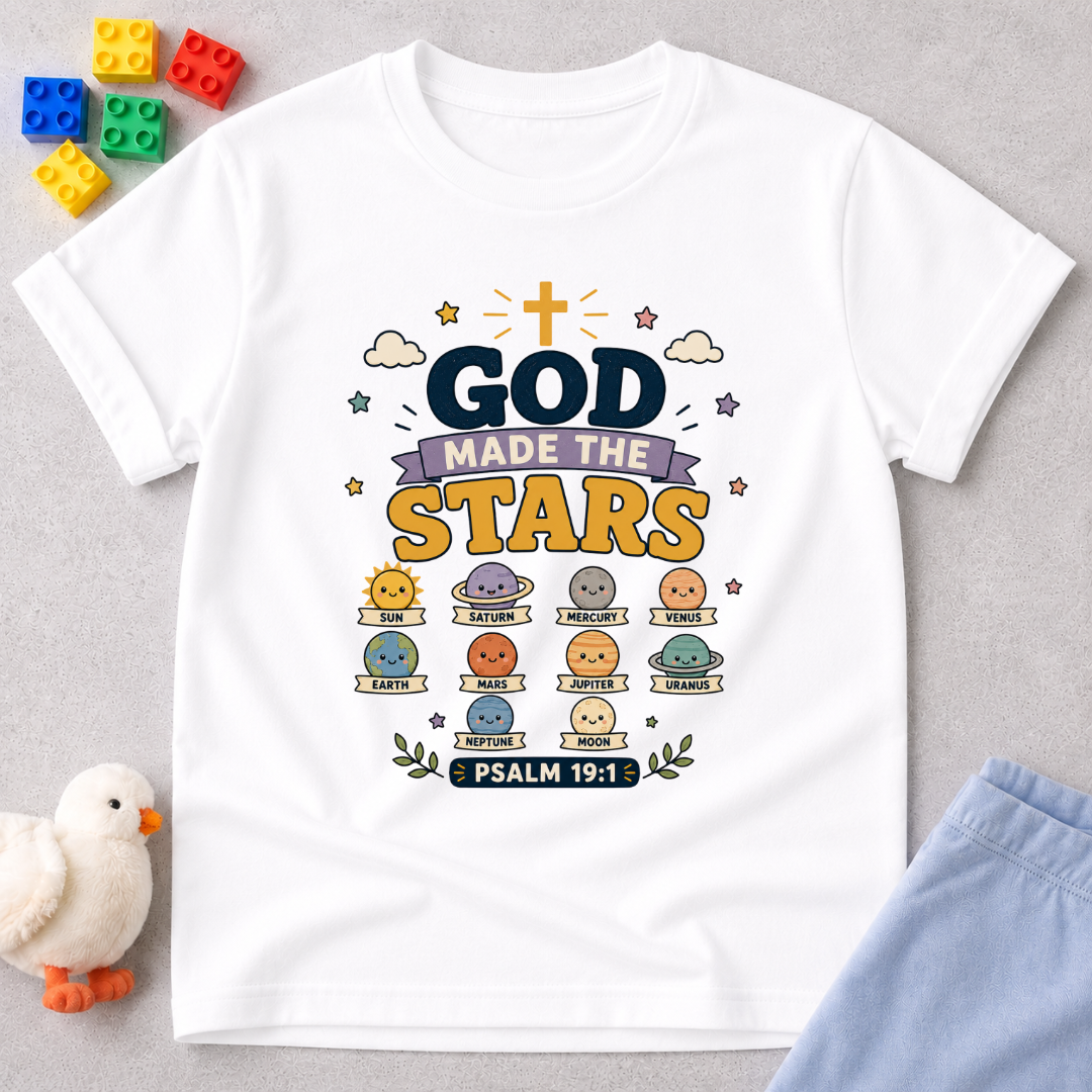 God Made The Stars Christian kids shirt in White featuring stars planets and creation-themed educational artwork