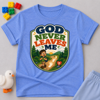 God Never Leaves Me Christian kids shirt in blue featuring a child walking with God's guidance
