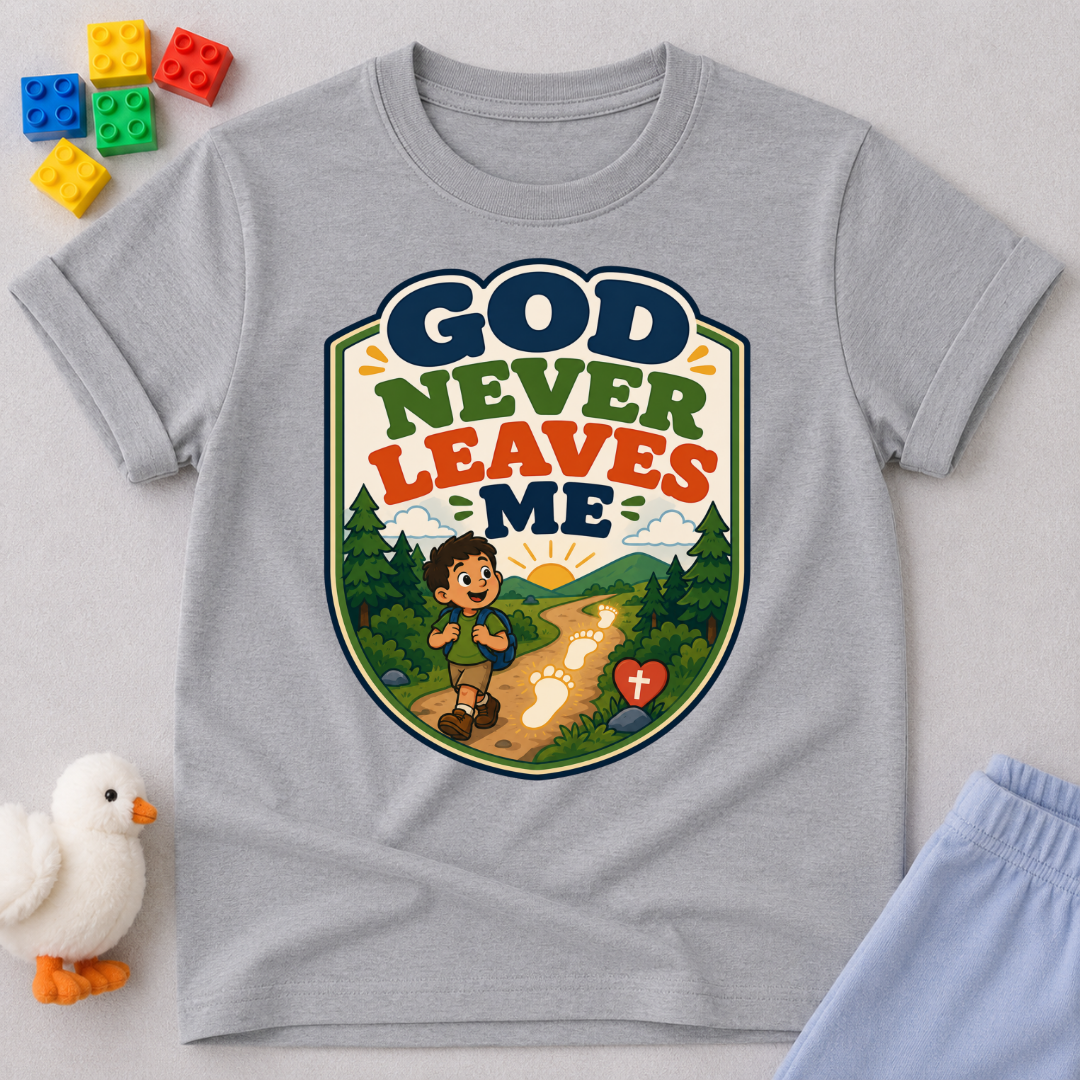 God Never Leaves Me Christian kids shirt in gray featuring a child walking with God's guidance
