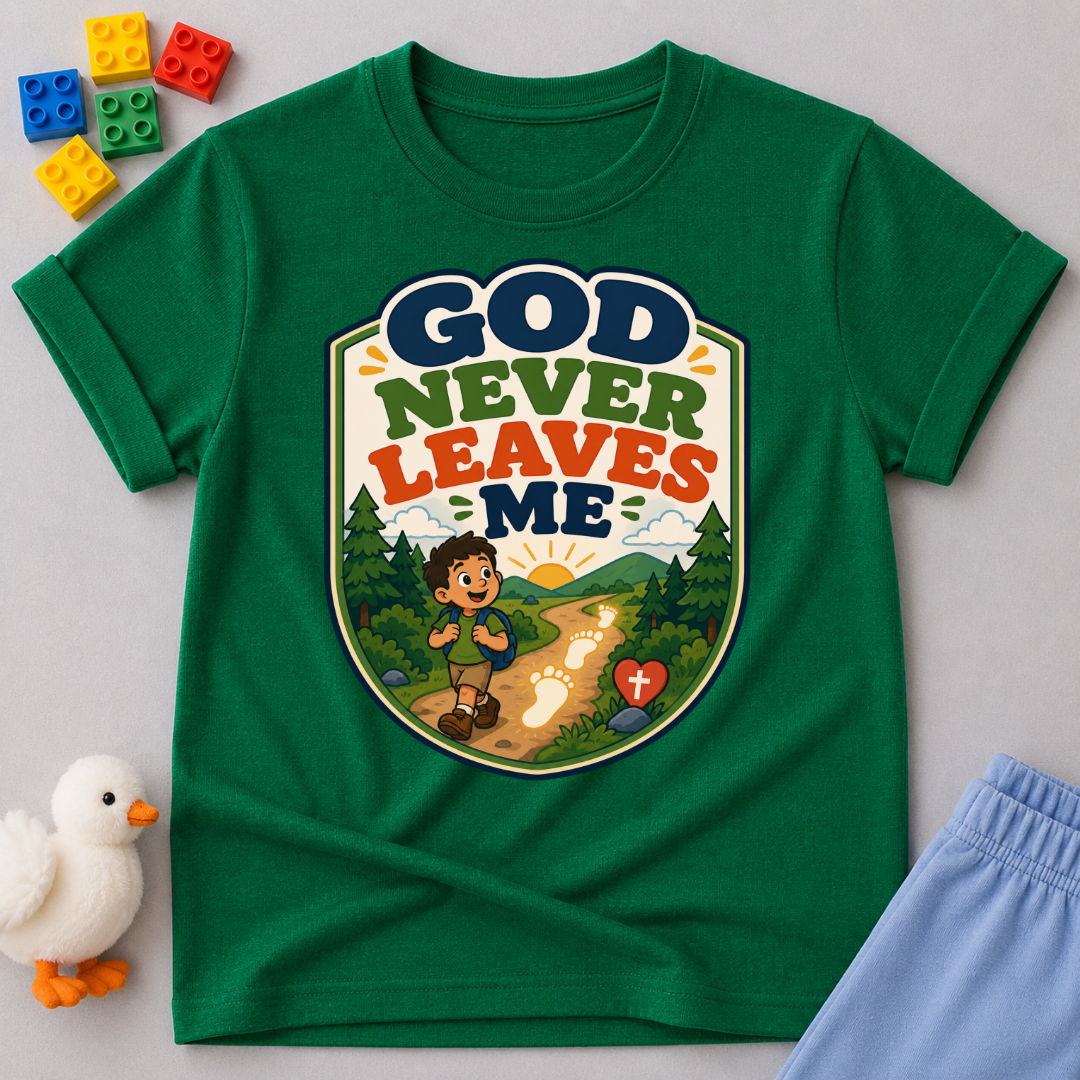 God Never Leaves Me Christian kids shirt in green featuring a child walking with God's guidance
