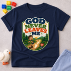 God Never Leaves Me Christian kids shirt in navy featuring a child walking with God's guidance
