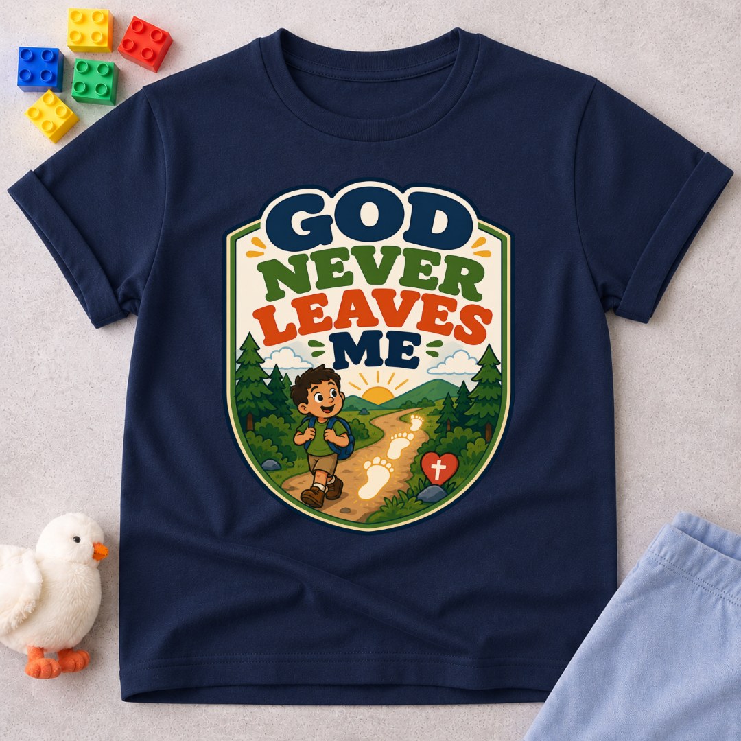 God Never Leaves Me Christian kids shirt in navy featuring a child walking with God's guidance
