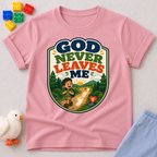 God Never Leaves Me Christian kids shirt in pink featuring a child walking with God's guidance
