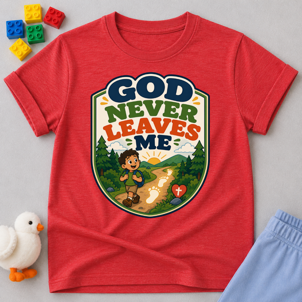 God Never Leaves Me Christian kids shirt in red featuring a child walking with God's guidance
