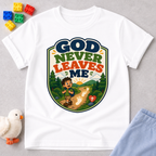 God Never Leaves Me Christian kids shirt in white featuring a child walking with God's guidance
