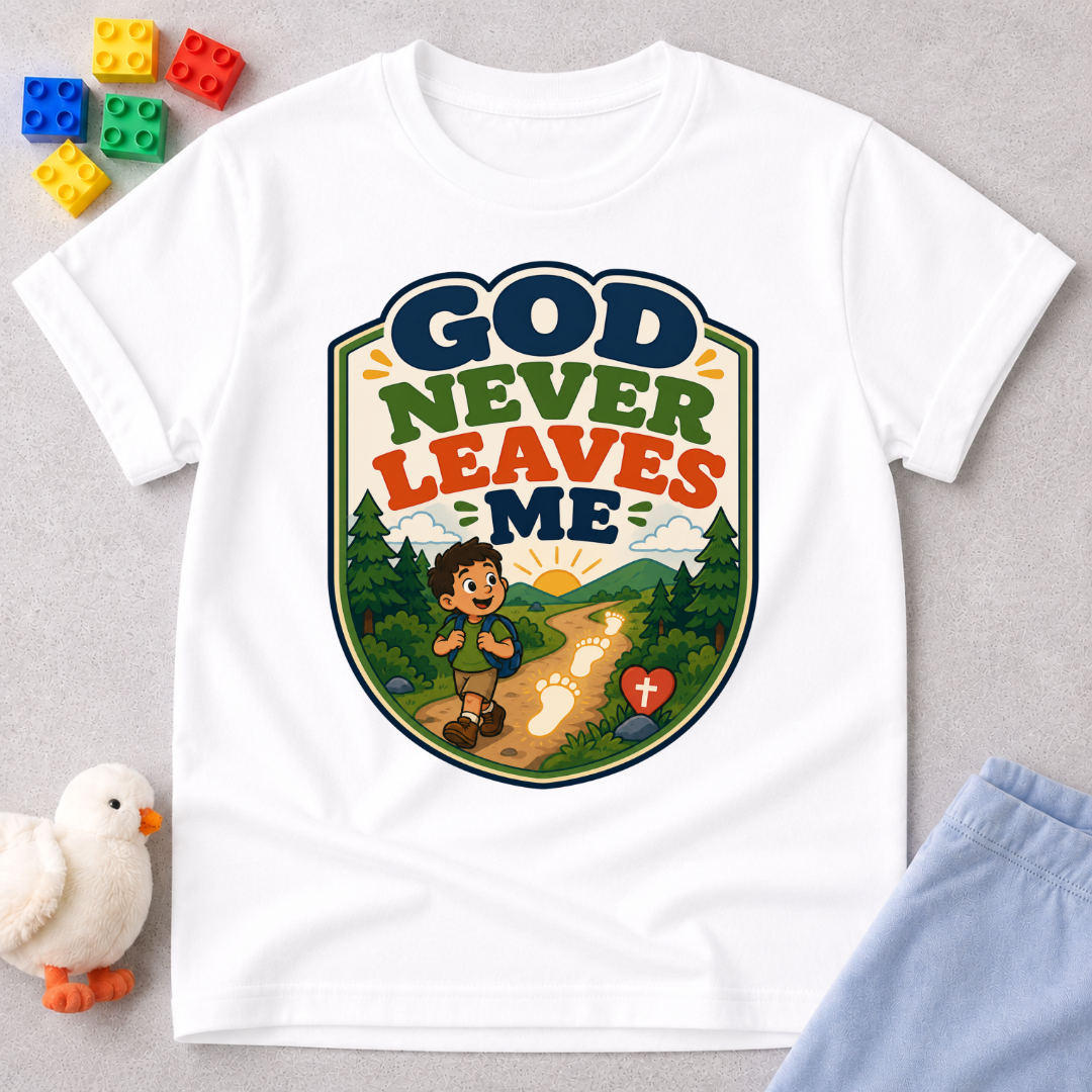 God Never Leaves Me Christian kids shirt in white featuring a child walking with God's guidance
