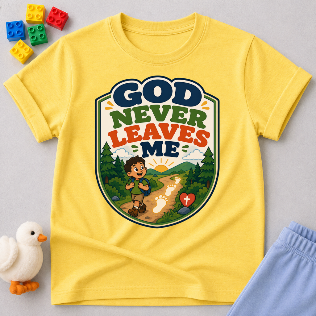 God Never Leaves Me Christian kids shirt in yellow featuring a child walking with God's guidance
