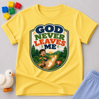 God Never Leaves Me Christian kids shirt in yellow featuring a child walking with God's guidance
