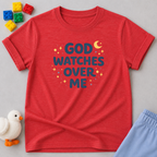 God Watches Over Me Always Christian kids shirt in Red featuring a comforting faith-based message