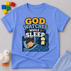 God Watches While I Sleep Christian kids shirt in blue featuring a sleeping child at night
