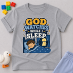 God Watches While I Sleep Christian kids shirt in gray featuring a sleeping child at night
