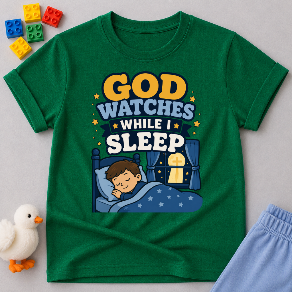 God Watches While I Sleep Christian kids shirt in green featuring a sleeping child at night

