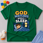 God Watches While I Sleep Christian kids shirt in green featuring a sleeping child at night
