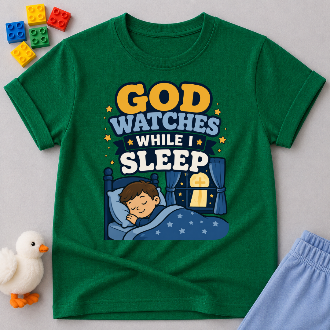 God Watches While I Sleep Christian kids shirt in green featuring a sleeping child at night
