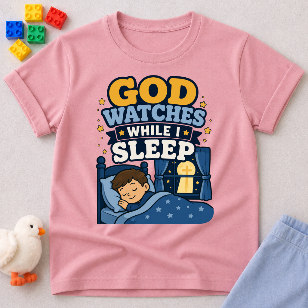 God Watches While I Sleep Christian kids shirt in pink featuring a sleeping child at night
