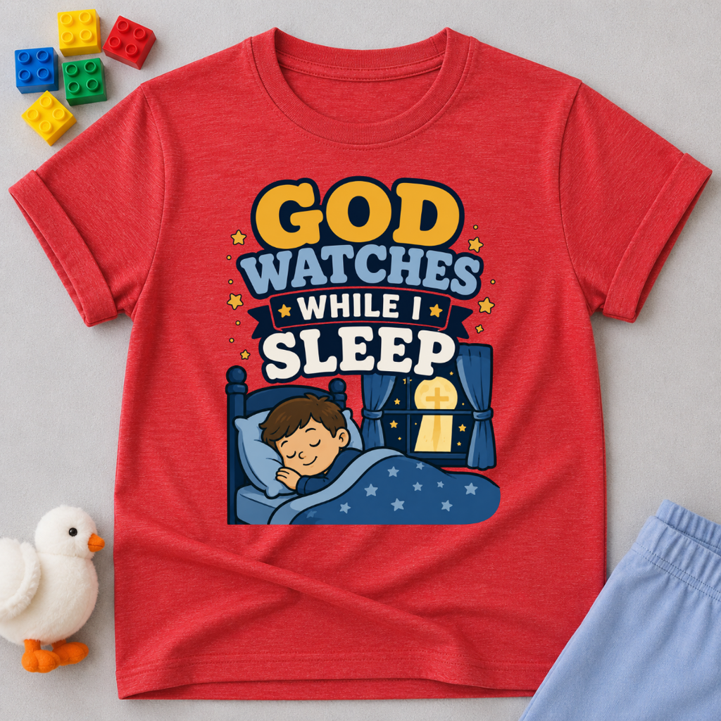 God Watches While I Sleep Christian kids shirt in red featuring a sleeping child at night
